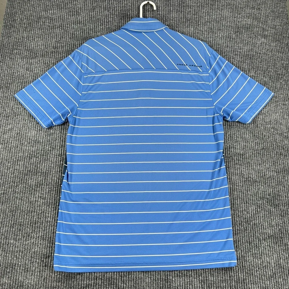 Under Armour Polo‎ Shirt Mens Medium Blue Striped Short Sleeve Loose Fit Heat